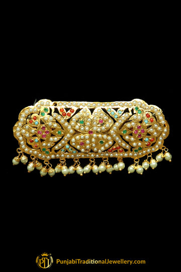 Gold Finished Navratan Pearl Jadau Clip Hair Accessories By Punjabi Traditional Jewellery
